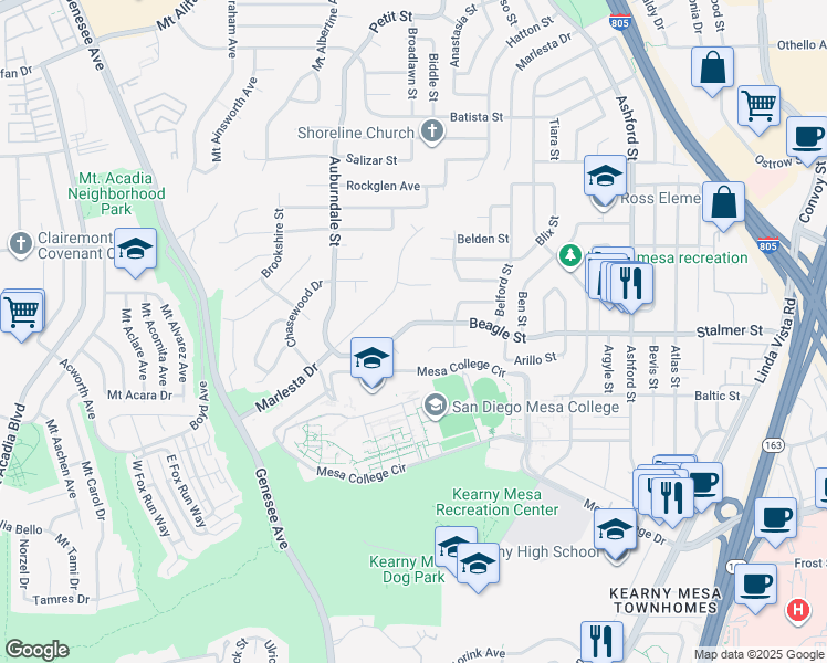 map of restaurants, bars, coffee shops, grocery stores, and more near 7045 Beagle Street in San Diego