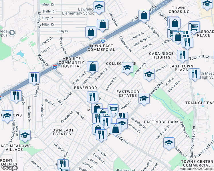 map of restaurants, bars, coffee shops, grocery stores, and more near 3205 Concord Drive in Mesquite