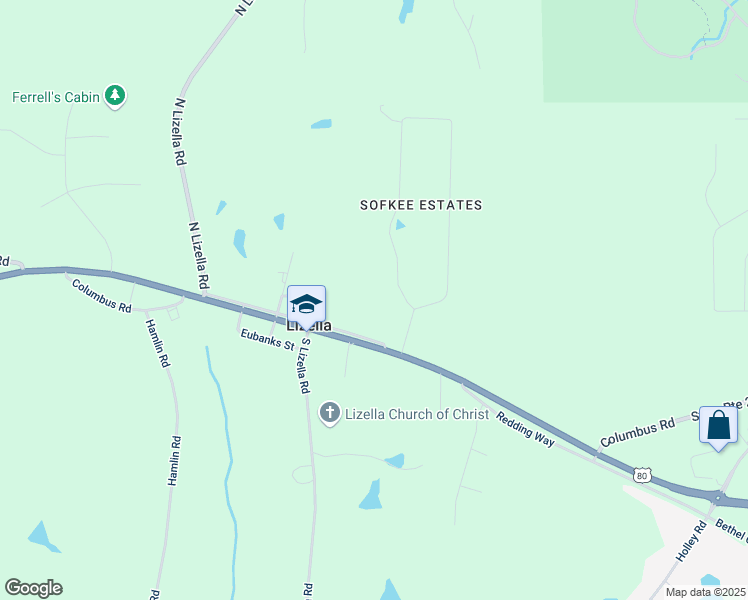 map of restaurants, bars, coffee shops, grocery stores, and more near 2840 Sofkee Circle in Lizella