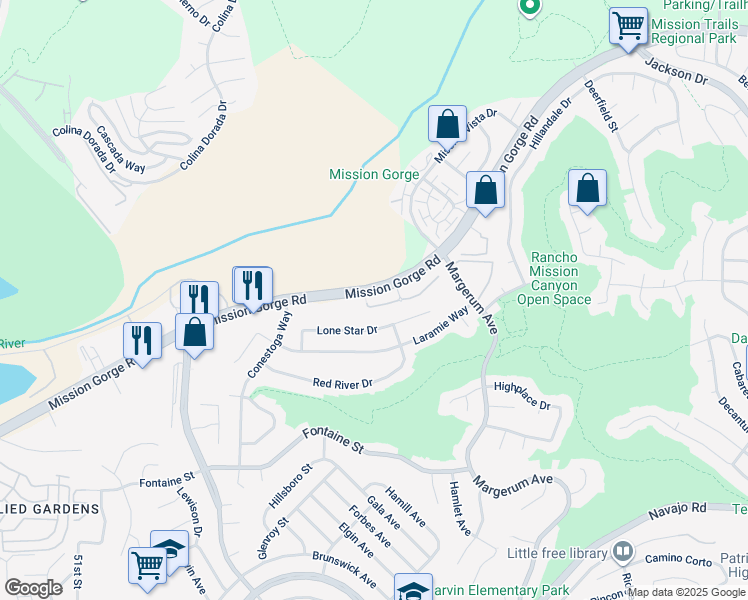 map of restaurants, bars, coffee shops, grocery stores, and more near 7653 Mission Gorge Road in San Diego