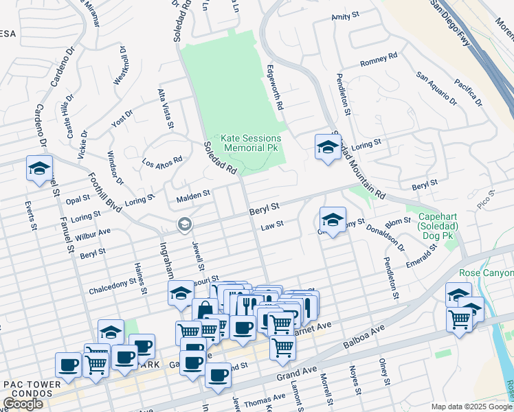 map of restaurants, bars, coffee shops, grocery stores, and more near 1920 Beryl Street in San Diego