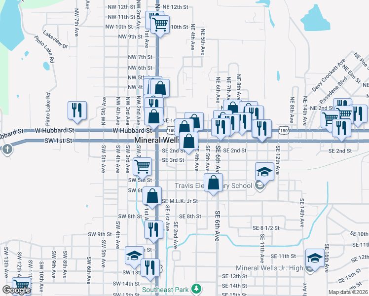 map of restaurants, bars, coffee shops, grocery stores, and more near 204 Southeast 3rd Avenue in Mineral Wells