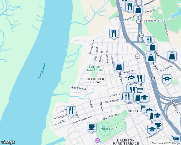 map of restaurants, bars, coffee shops, grocery stores, and more near 56 Devereaux Avenue in Charleston
