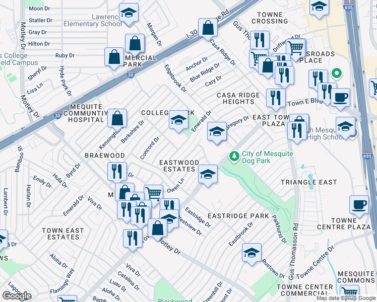 map of restaurants, bars, coffee shops, grocery stores, and more near 2812 Miller Place in Mesquite