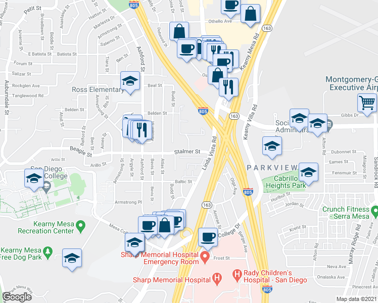 map of restaurants, bars, coffee shops, grocery stores, and more near Stalmer Street & Angelucci Street in San Diego