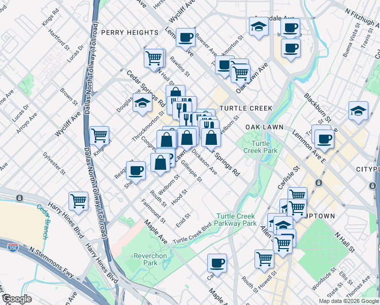 map of restaurants, bars, coffee shops, grocery stores, and more near 2924 Oak Lawn Avenue in Dallas