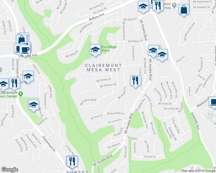 map of restaurants, bars, coffee shops, grocery stores, and more near 4971 Mount Ashmun Drive in San Diego