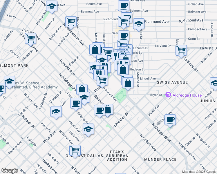 map of restaurants, bars, coffee shops, grocery stores, and more near 5088 Ross Avenue in Dallas
