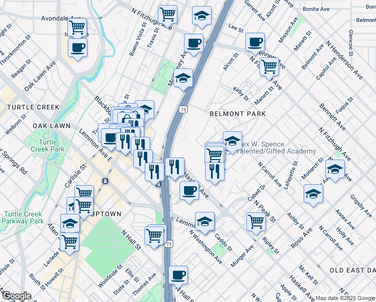 map of restaurants, bars, coffee shops, grocery stores, and more near 2828 North Haskell Avenue in Dallas