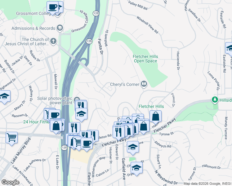 map of restaurants, bars, coffee shops, grocery stores, and more near 1154 Erin Drive in El Cajon