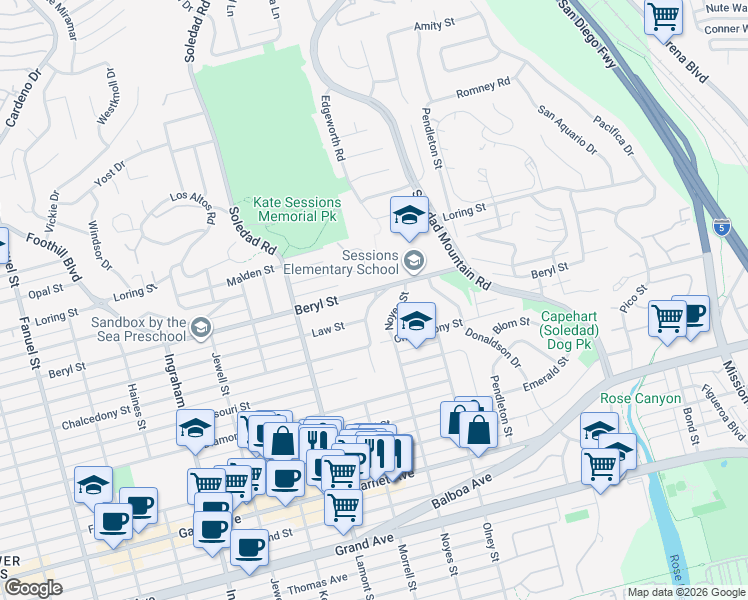 map of restaurants, bars, coffee shops, grocery stores, and more near 29th Street in San Diego
