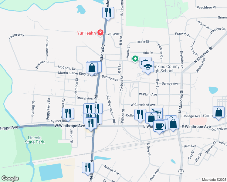 map of restaurants, bars, coffee shops, grocery stores, and more near 228 Academy Avenue in Millen