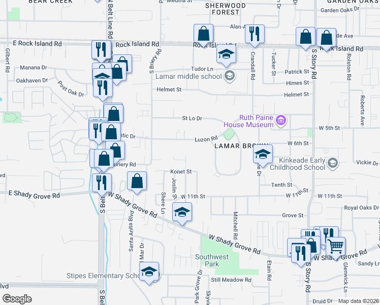 map of restaurants, bars, coffee shops, grocery stores, and more near 816 Patricia Street in Irving