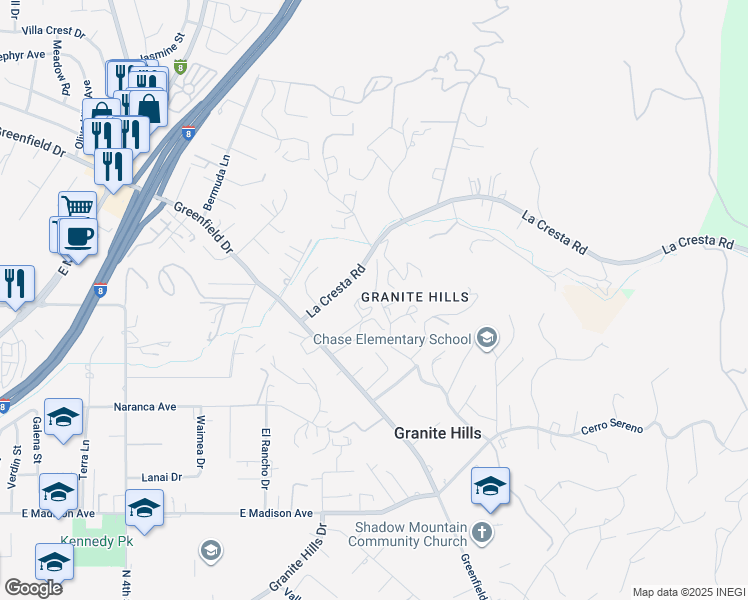map of restaurants, bars, coffee shops, grocery stores, and more near 1955 Longs Hill Road in El Cajon