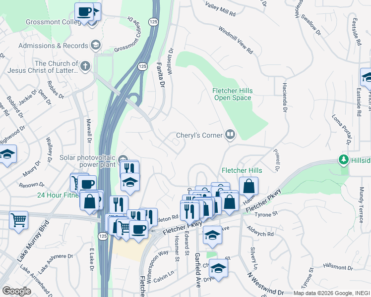map of restaurants, bars, coffee shops, grocery stores, and more near 1154 Erin Drive in El Cajon
