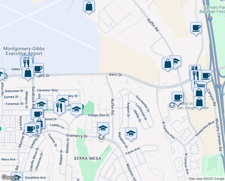 map of restaurants, bars, coffee shops, grocery stores, and more near 3558 Ruffin Road in San Diego