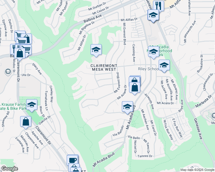 map of restaurants, bars, coffee shops, grocery stores, and more near 4971 Mount Ashmun Drive in San Diego