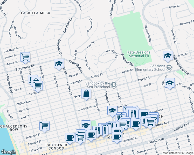 map of restaurants, bars, coffee shops, grocery stores, and more near 1531 Loring Street in San Diego