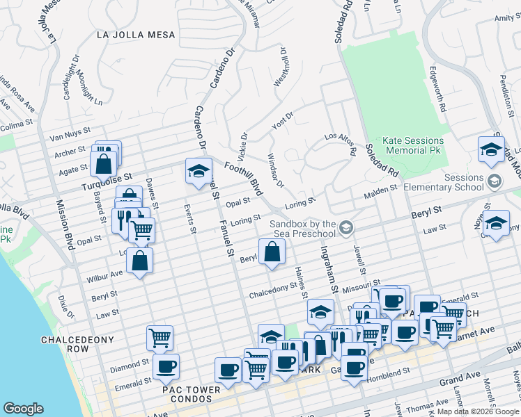 map of restaurants, bars, coffee shops, grocery stores, and more near 5009 Foothill Boulevard in San Diego