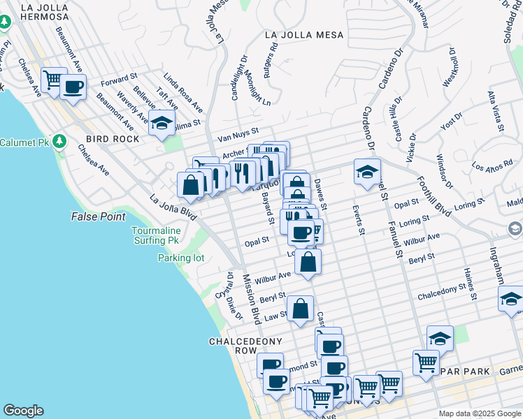 map of restaurants, bars, coffee shops, grocery stores, and more near 5130 Bayard Street in San Diego