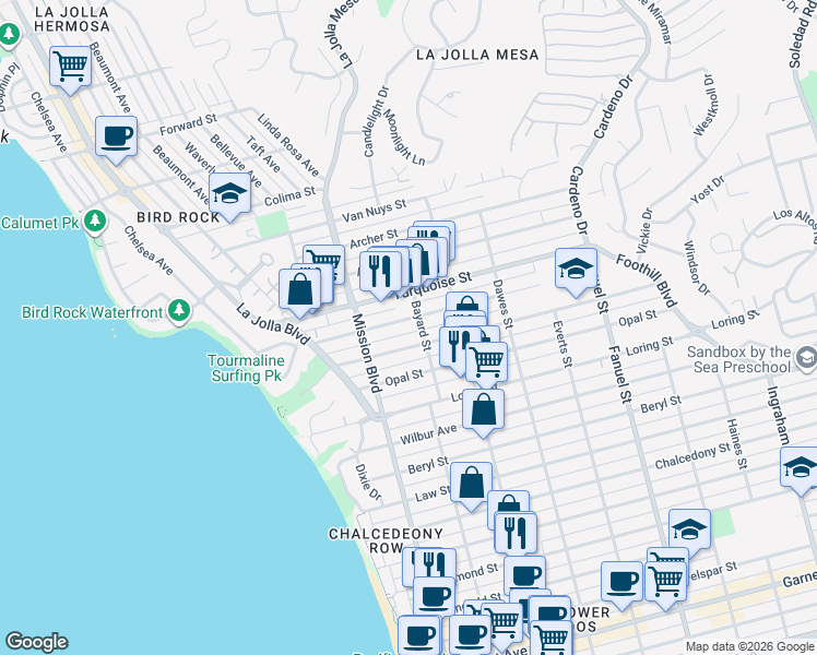 map of restaurants, bars, coffee shops, grocery stores, and more near 5130 Bayard Street in San Diego