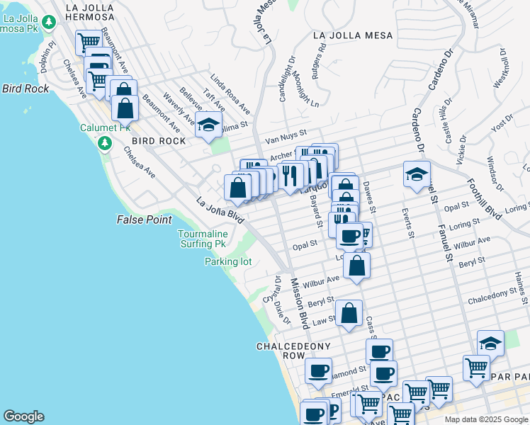map of restaurants, bars, coffee shops, grocery stores, and more near 774 Sapphire Street in San Diego