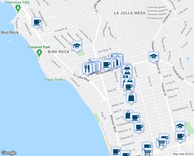 map of restaurants, bars, coffee shops, grocery stores, and more near in San Diego