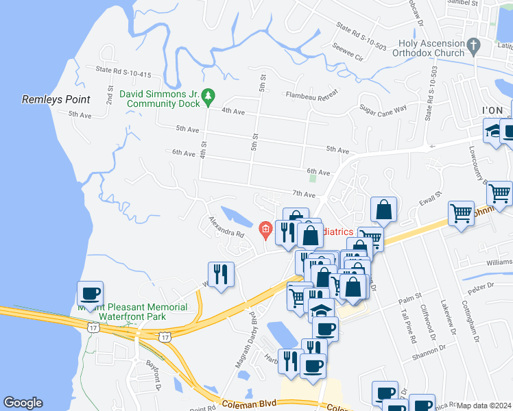 map of restaurants, bars, coffee shops, grocery stores, and more near 360 Spoonbill Lane in Mount Pleasant