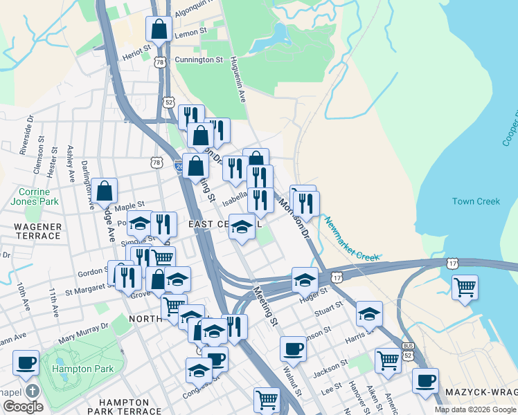 map of restaurants, bars, coffee shops, grocery stores, and more near 44 Romney Street in Charleston