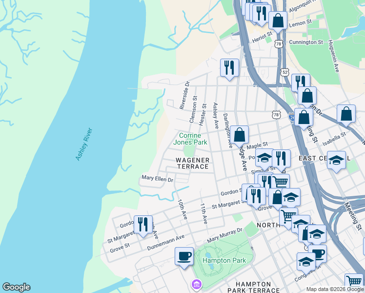 map of restaurants, bars, coffee shops, grocery stores, and more near 56 Devereaux Avenue in Charleston