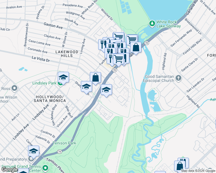 map of restaurants, bars, coffee shops, grocery stores, and more near 7411 La Vista Drive in Dallas