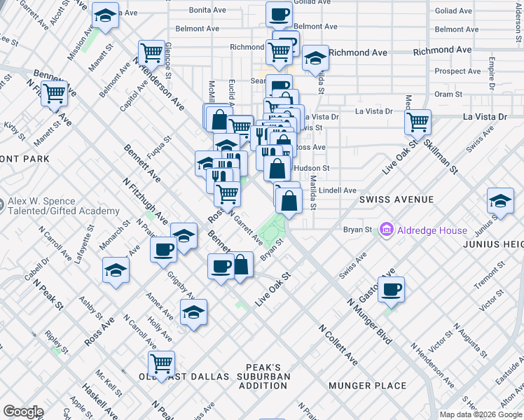 map of restaurants, bars, coffee shops, grocery stores, and more near 1500 North Henderson Avenue in Dallas