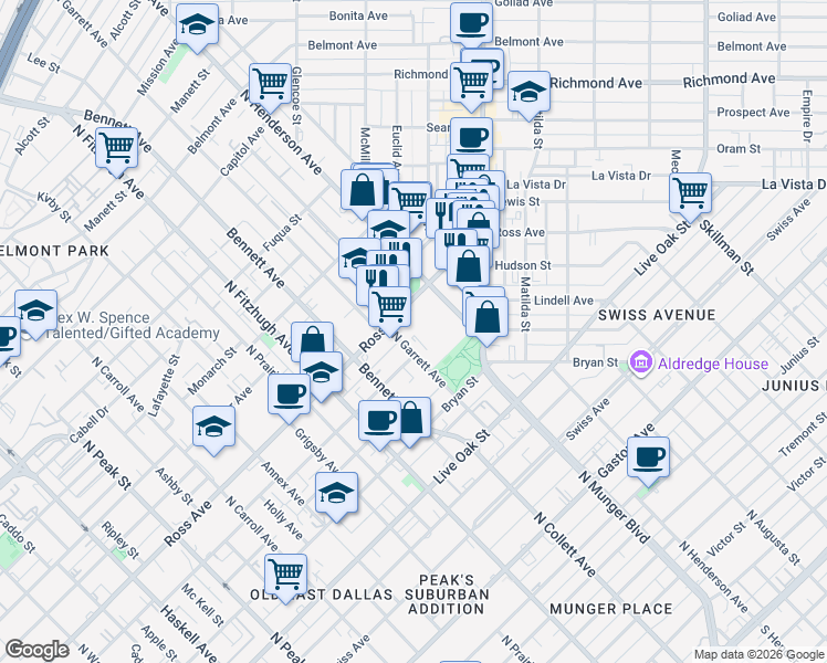 map of restaurants, bars, coffee shops, grocery stores, and more near 1502 North Garrett Avenue in Dallas