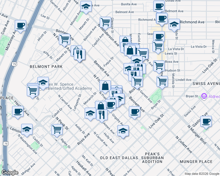 map of restaurants, bars, coffee shops, grocery stores, and more near 4850 Monarch Street in Dallas