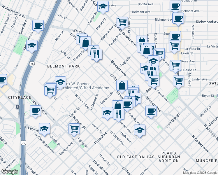 map of restaurants, bars, coffee shops, grocery stores, and more near 2011 North Prairie Avenue in Dallas
