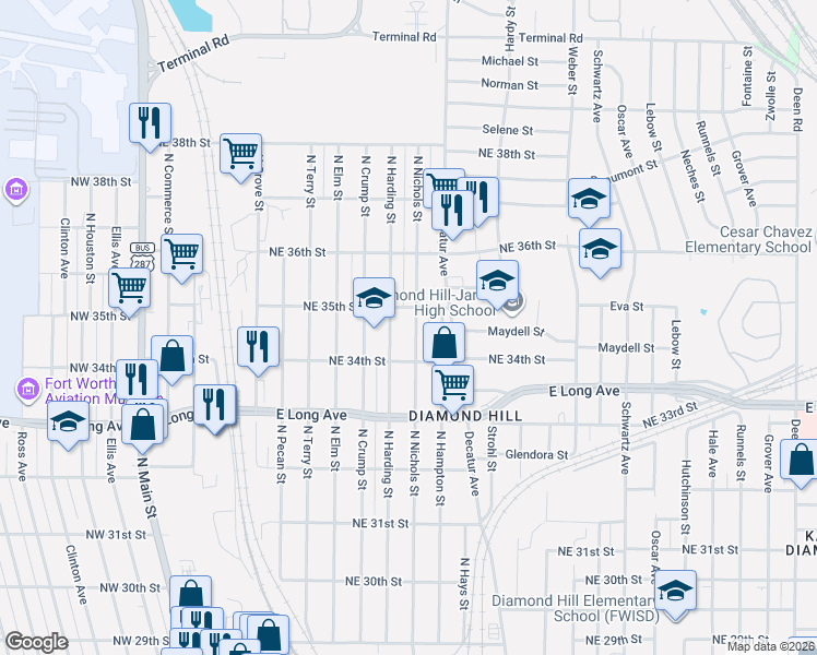 map of restaurants, bars, coffee shops, grocery stores, and more near 3517 North Nichols Street in Fort Worth