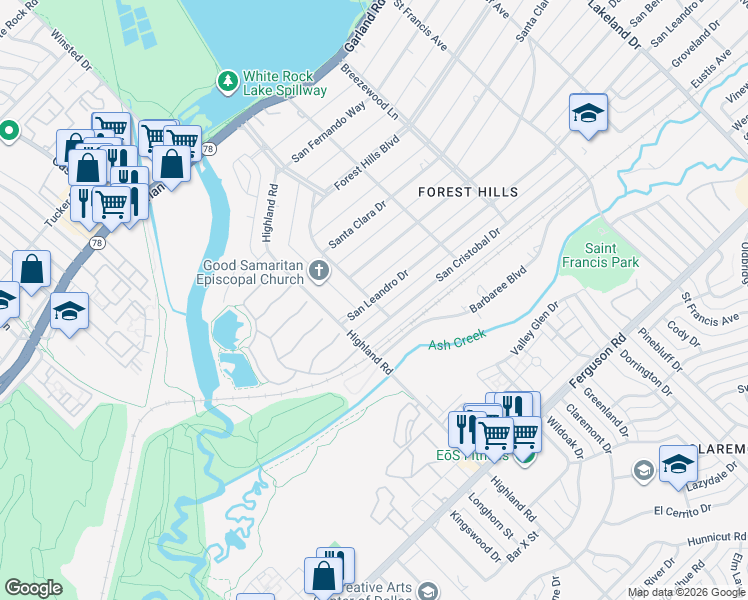 map of restaurants, bars, coffee shops, grocery stores, and more near 8100 San Leandro Drive in Dallas