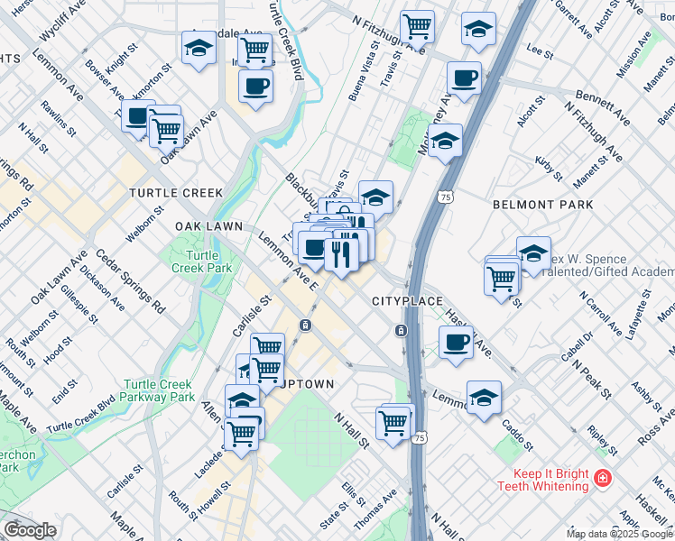 map of restaurants, bars, coffee shops, grocery stores, and more near in Dallas