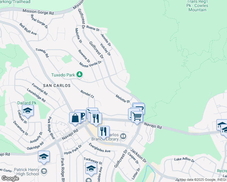 map of restaurants, bars, coffee shops, grocery stores, and more near 7305 Melotte Street in San Diego