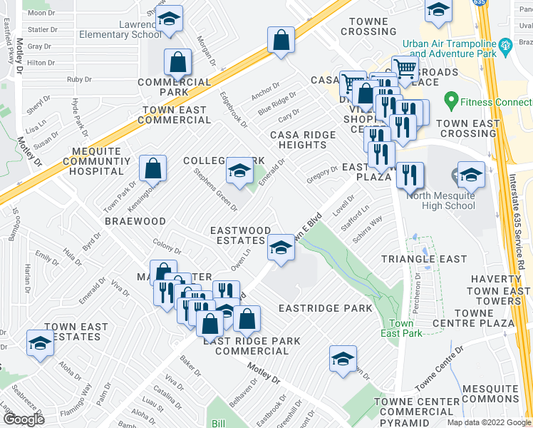 map of restaurants, bars, coffee shops, grocery stores, and more near 2812 Miller Place in Mesquite