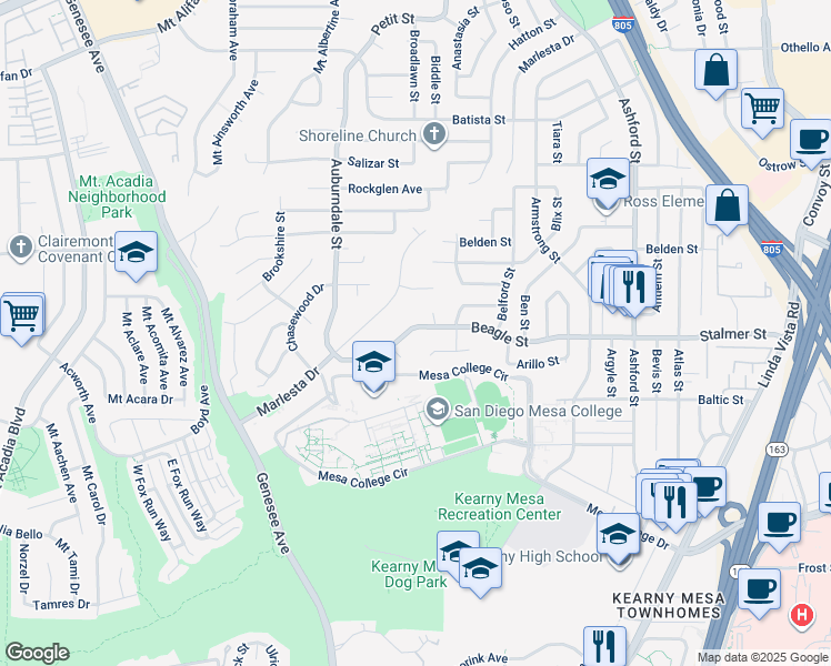 map of restaurants, bars, coffee shops, grocery stores, and more near 7045 Beagle Street in San Diego