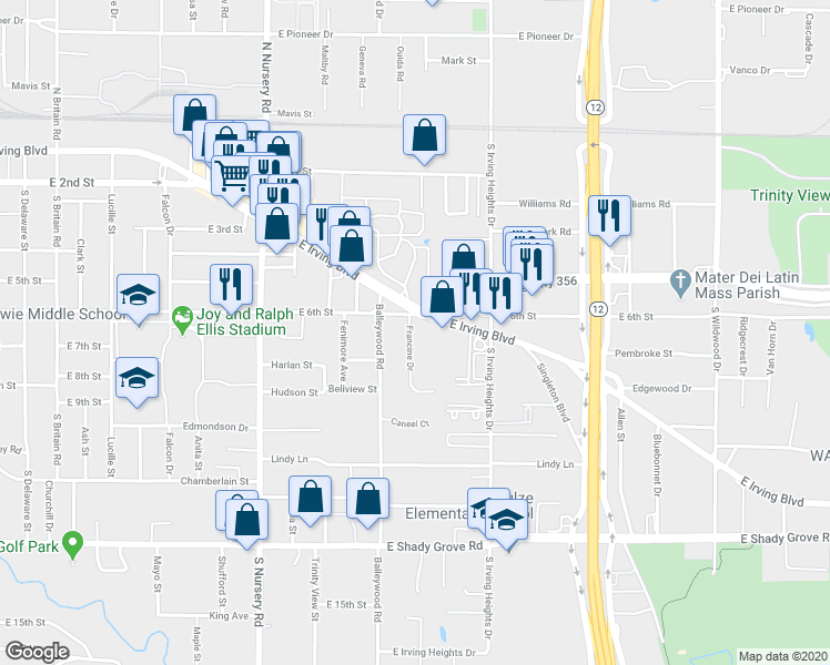 map of restaurants, bars, coffee shops, grocery stores, and more near 618 Francine Drive in Irving