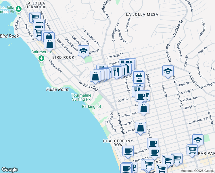 map of restaurants, bars, coffee shops, grocery stores, and more near 774 Sapphire Street in San Diego