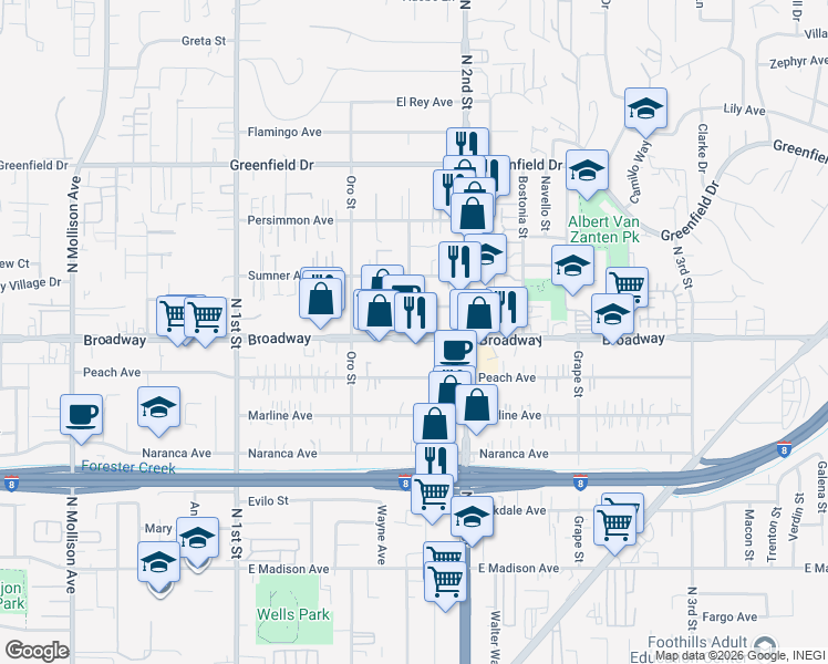 map of restaurants, bars, coffee shops, grocery stores, and more near 1258 Broadway in El Cajon