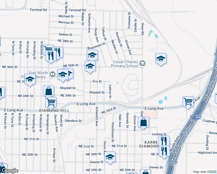 map of restaurants, bars, coffee shops, grocery stores, and more near 3509 Lebow Street in Fort Worth