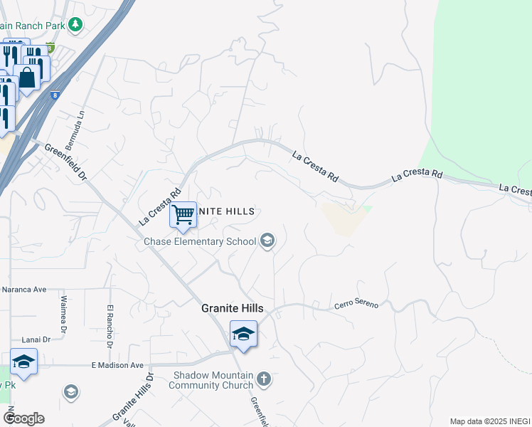 map of restaurants, bars, coffee shops, grocery stores, and more near 2155 Vista Valley Rim Place in El Cajon