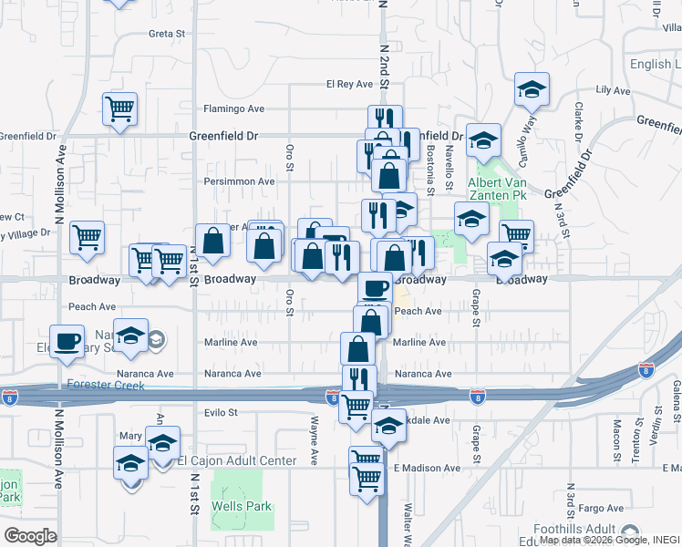 map of restaurants, bars, coffee shops, grocery stores, and more near 1234 Broadway in El Cajon