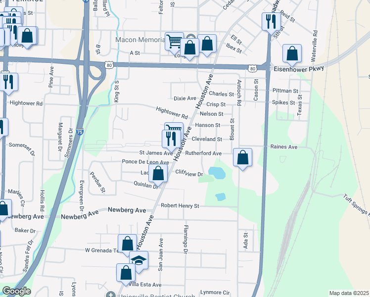 map of restaurants, bars, coffee shops, grocery stores, and more near 2968 Houston Avenue in Macon
