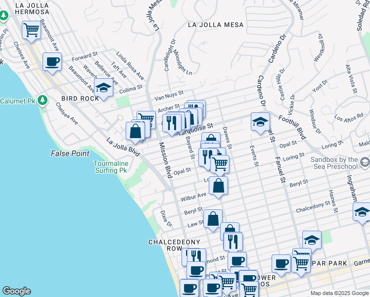 map of restaurants, bars, coffee shops, grocery stores, and more near 5130 Bayard Street in San Diego