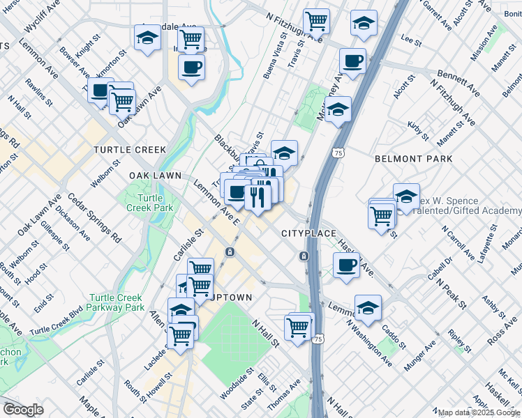 map of restaurants, bars, coffee shops, grocery stores, and more near 3700 Cityplace West Boulevard in Dallas